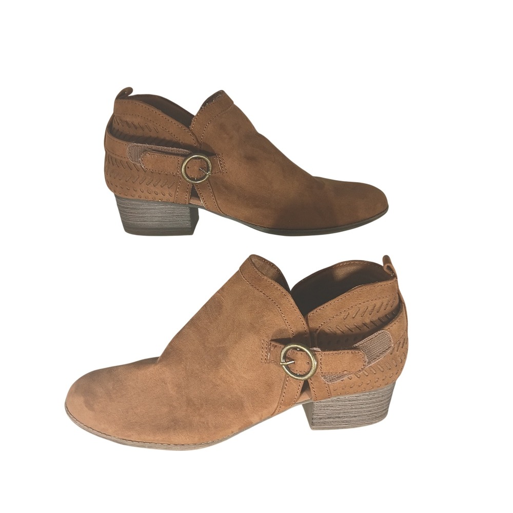 Dept‎ 222 Ankle Booties 8M Brown Faux Suede Cutout Buckle Boho Western Low Heel